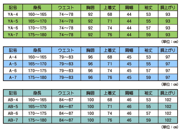 メンズ・ダンス用ジャケットサイズ表