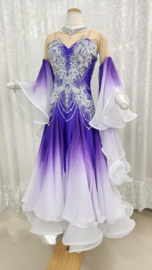 【試着・レンタル・購入】紫×白グラデーションのスタンダード用社交ダンスドレス（Lサイズ）