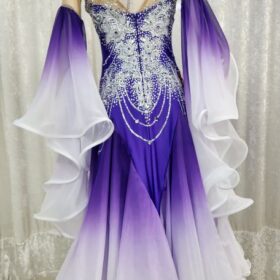 【試着・レンタル・購入】紫×白グラデーションのスタンダード用社交ダンスドレス（Lサイズ） - 画像 (3)