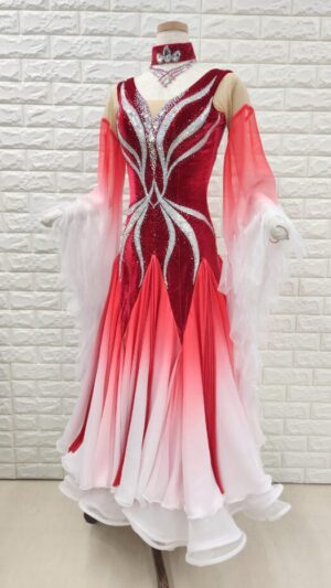 【試着・レンタル・購入】社交ダンスドレス レッド～ホワイト　Sサイズ　スタンダードドレス　
