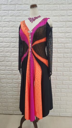 【試着・レンタル・購入】社交ダンスドレス　黒/ローズオレンジ　LLサイズ　ラテンドレス859-LL
