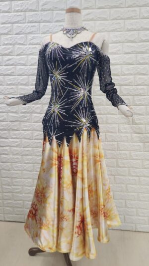 【試着・レンタル・購入】社交ダンスドレス　黒×黄色　Mサイズ　パソドレス697-M