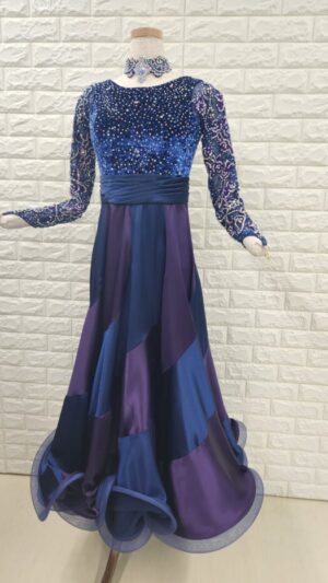 【試着・レンタル・購入】社交ダンスドレス　ネイビー　Lサイズ　パソドレス631-L