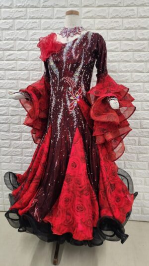 【試着・レンタル・購入】社交ダンスドレス　Lサイズ　赤黒　スタンダードドレス　753-L