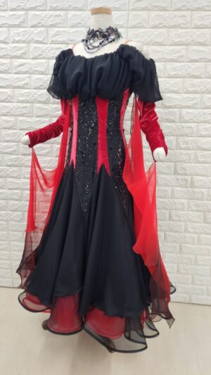 【試着・レンタル・購入】社交ダンスドレス　Ｌサイズ　赤黒　スタンダードドレス635-Ｌ