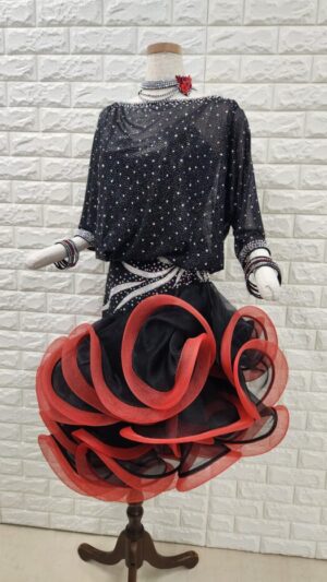 【試着・レンタル・購入】社交ダンスドレス　Lサイズ　黒赤　ラテンドレス762-L