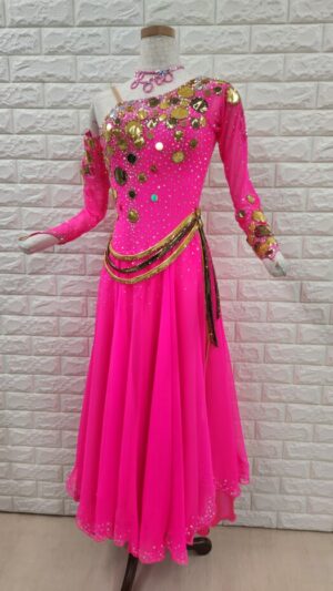 【試着・レンタル・購入】社交ダンスドレス　Mサイズ　ピンク　アメリカンスムース857-M