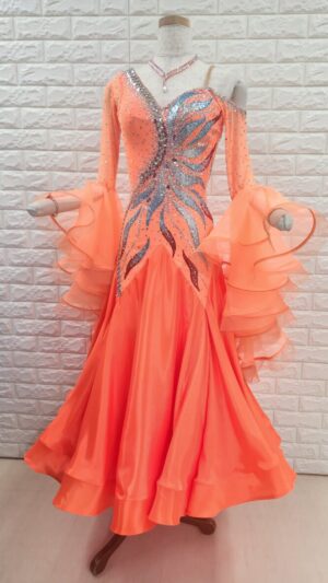 【試着・レンタル・購入】社交ダンスドレス　Sサイズ　オレンジ　スタンダードドレス805-S