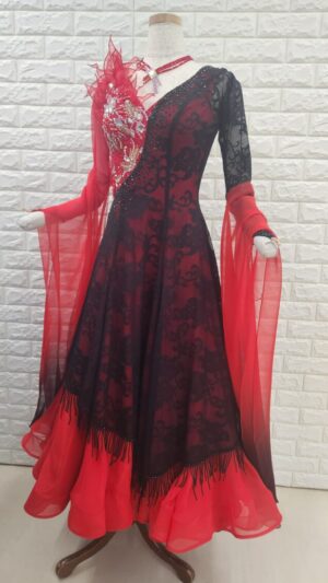 【試着・レンタル・購入】社交ダンスドレス　Lサイズ　赤黒　スタンダードドレス528-L