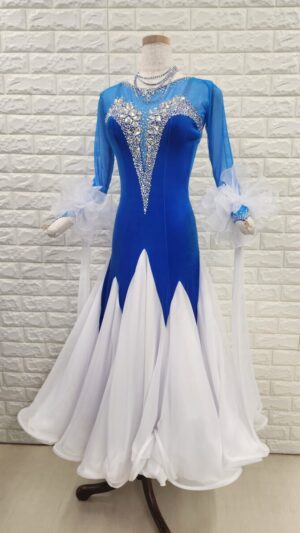 【試着・レンタル・購入】社交ダンスドレス　Mサイズ　ブルー/ホワイト　スタンダードドレス778-M