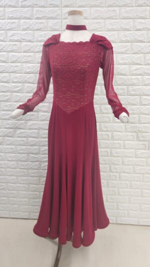 社交ダンスワンピース　ロングワンピース　パーティー＆レッスン　Lサイズ　エンジ2505020