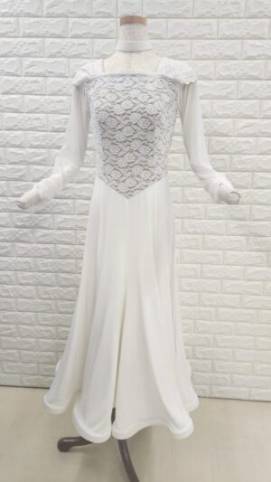 社交ダンスワンピース　ロングワンピース　パーティー＆レッスン　Mサイズ　ホワイト2505020