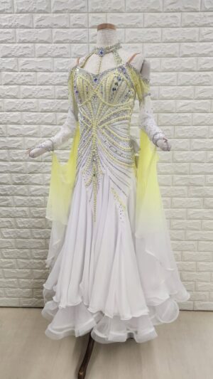 【試着・レンタル・購入】社交ダンスドレス　Mサイズ　イエローホワイト　スタンダードドレス669-M