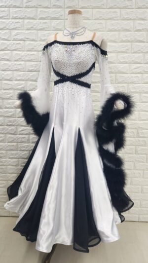 【試着・レンタル・購入】社交ダンスドレス　MLサイズ　白黒　スタンダードドレス933-ML