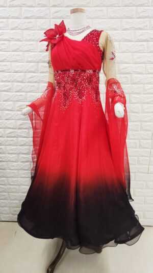 【試着・レンタル・購入】社交ダンスドレス　Lサイズ　赤黒　スタンダードドレス936-L