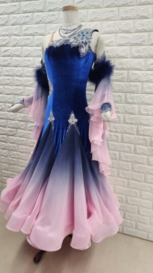 【試着・レンタル・購入】社交ダンスドレス　Mサイズ　ネイビー×ピンク　スタンダードドレス946-M