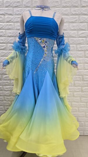 【試着・レンタル・購入】社交ダンスドレス　SMサイズ　ブルー×イエロー　スタンダードドレス926-SM
